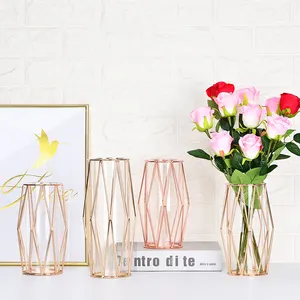 TK124 — Pot de fleur hydroponique en verre forgé, Pot Simple et Transparent en forme de losange, décoration douce en or Rose, Vase en fer forgé