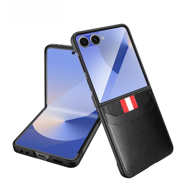 For Samsung Z Flip 7 Phone Case with Lychee Texture Leather Card Slot Strap Case Cover Compatible with Samsung Z Flip 6 5 4 3