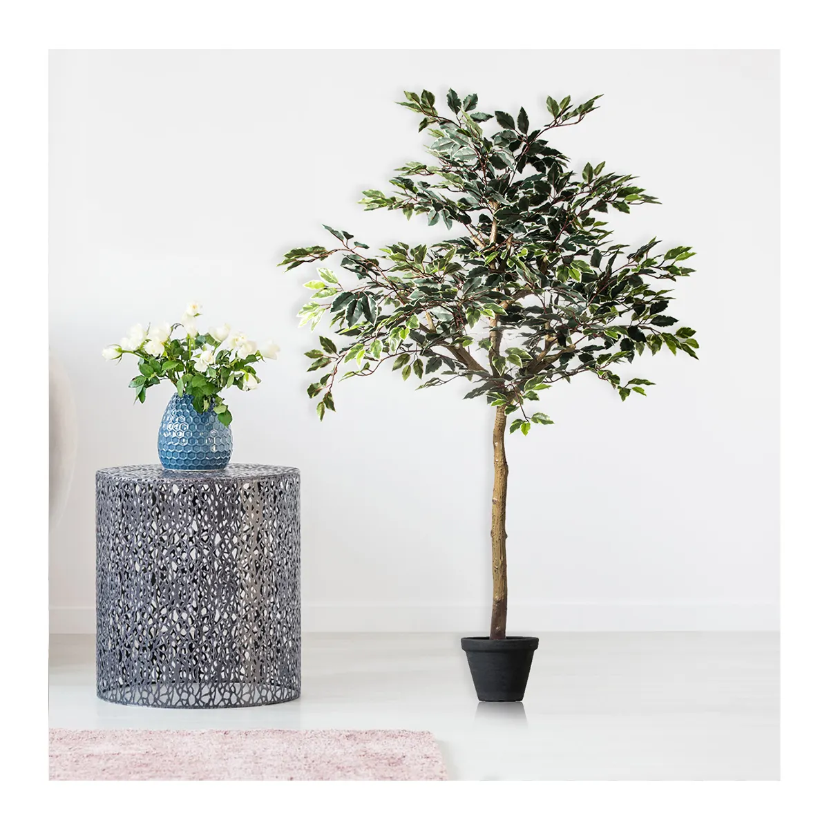 7843 pas cher prix feuilles blanches artificielles avec tronc en bois naturel réaliste Faux plante en pot Ficus arbre pour la décoration de bureau à domicile