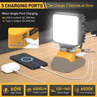 Lampu Kerja LED Portabel 60W 6000LM untuk Baterai Dewalt 20V Lampu Sorot Tanpa Kabel untuk Tempat Kerja USB Penerangan Darurat untuk Berkemah
