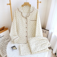 Sweethoney – pyjama en pur coton pour femmes, ensemble de vêtements de maison à manches longues, léger et ample, en crêpe, longueur complète, col à revers, printemps-automne