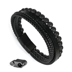Men's Natural Stone <b>Beaded</b> Bracelet Black Blue <b>Braided</b> Leather Multi Layered Bangle Everyday Wear 7.5in 8.5in 9in - Product Image 2