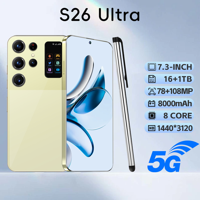 S26 Ultra 2026 Best Seller 5G Android Smart Phone Global Edition 16GB 1TB 7.3 Inch 7800mAh Battery Beauty Camera High Resolution