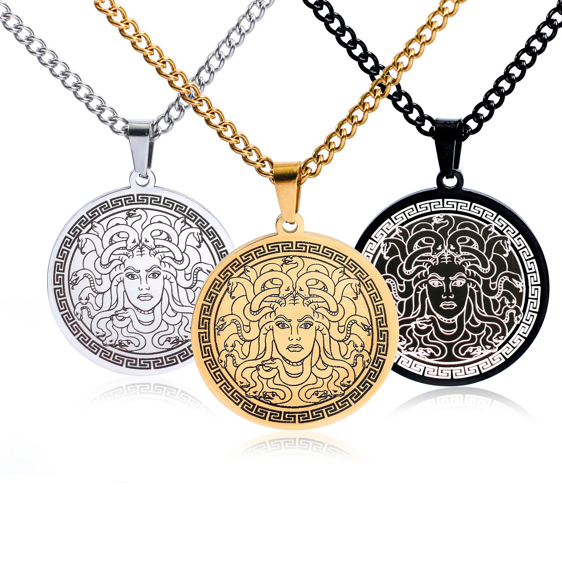 Wholesale Jewelry Stainless Steel Medusa Pendant Necklace Punk Hip Hop Coin Gold Plated Men Necklace