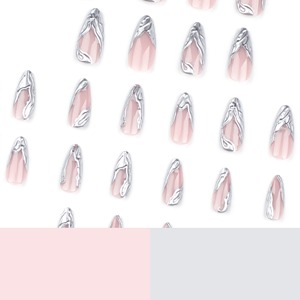 24 <span class=keywords><strong>Uñas</strong></span> Postizas Acrílicas Minimalistas Francesas en 3D, Color Plateado, Forma de Almendra Corta, <span class=keywords><strong>Uñas</strong></span> Artificiales, <span class=keywords><strong>Uñas</strong></span> Postizas 3326 - Product Image 3