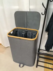 Panier à linge pliable et pliable avec couvercle pour grande salle de bain maison panier de rangement pour vêtements sales cadre en bambou Oxford