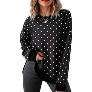 Tunique décontractée à manches longues et col rond pour femme, motif pois, coupe ample, avec fentes latérales et ourlet asymétrique - Product Image 1