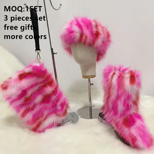 Winter Furry rainbow warm women kids set bag matching headbands purses handbags Faux Fox fur Snow furry boots and headband