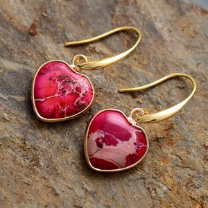 Heart Shape Drop Earrings <b>Red</b> Natural Stone Bezel Setting Gift Jewelry Zinc Alloy - Product Image 2