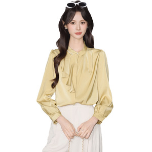 Pale Yellow Women's Blouse Long Sleeve Ruffled Trim Solid Color Korean Style Everyday Wear Polyester Shirt - Product Image 5