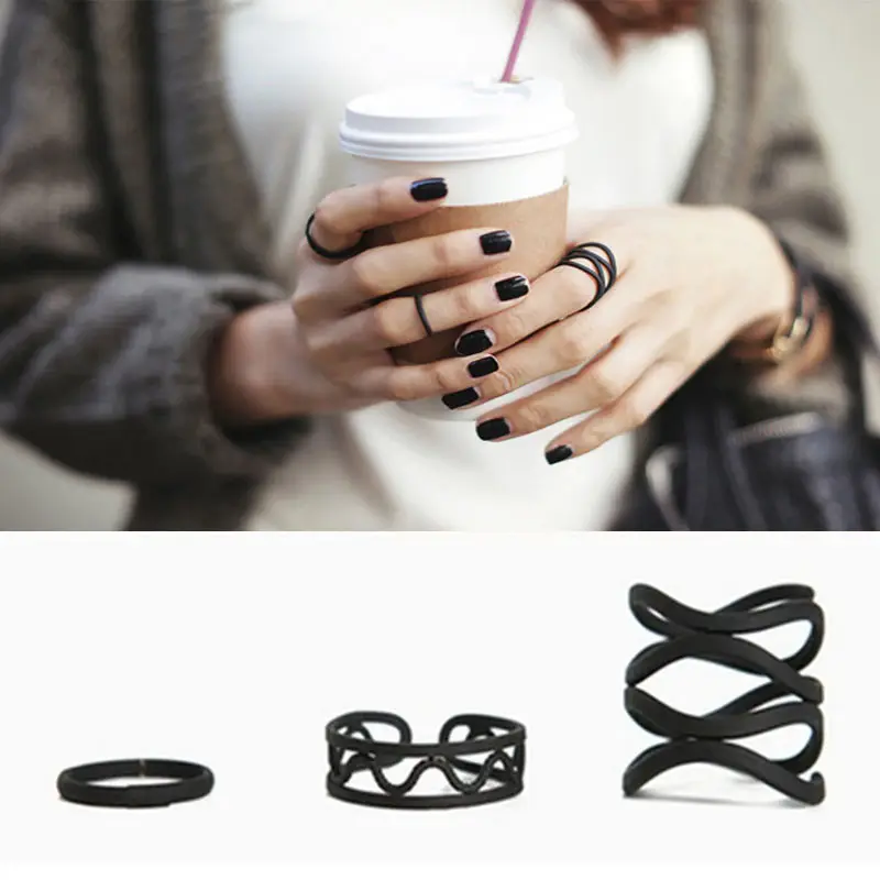 ชุดแหวนแฟชั่น3ชิ้นสำหรับสุภาพสตรี,ชุดแหวนวงแหวนสีดำ Punk Knuckle