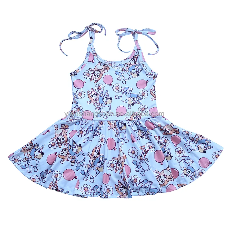 New Arrival Kids Girls Sling Up Dress Cartoon Print Baby Children Custom Pattern Sleeveless Dress with lined shorts