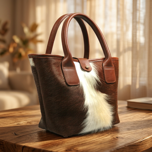 Sac fourre-tout élégant pour femme en cuir véritable, motif bicolore en cuir de vachette à poils, fermeture éclair, double poignée, usage quotidien, polyester - Product Image 4