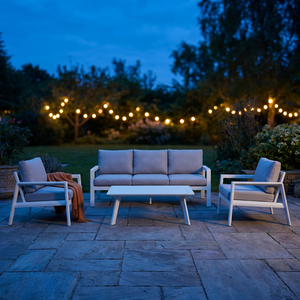 Ensemble de canapés d'extérieur de luxe moderne avec structure en aluminium blanc et coussins gris imperméables pour villa, jardin et terrasse de resort - Product Image 5
