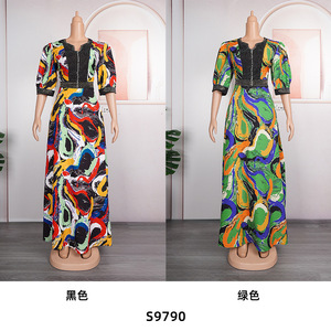 Nouvelle robe imprimée <span class=keywords><strong>AliExpress</strong></span> pour femmes africaines grandes tailles, avec strass et perles, robe à grand ourlet - Product Image 5