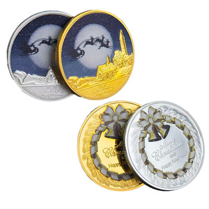 Pièces commémoratives de Noël personnalisées en alliage de zinc 3D traditionnel, avec impression UV, couronne plaquée or et argent en relief - Product Image 1