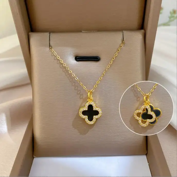 Fashion stainless steel diamond necklace four-leaf clover pendant necklace for women crystal flower Shell clavic chain jewelry