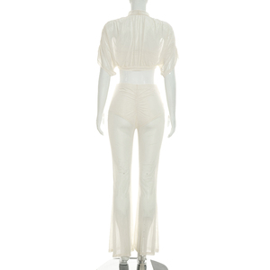 Conjunto Casual para Mujer Viviblook J26ST228, Top Corto de Malla Transparente de Color Sólido y Pantalones Acampanados, Conjunto de Dos Piezas para Damas - Product Image 4