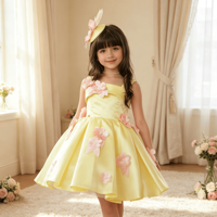 Robe en satin à fines bretelles avec appliques 3D de fleurs roses et perles, ourlet asymétrique, costume de princesse pour anniversaire et banquet, robe de princesse pour fille
