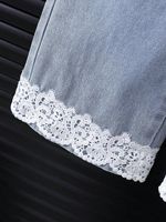 Nouvel ensemble deux pièces pour filles, printemps et été, décontracté, haut uni avec nœud + jean respirant en polyester/coton avec couture en dentelle
