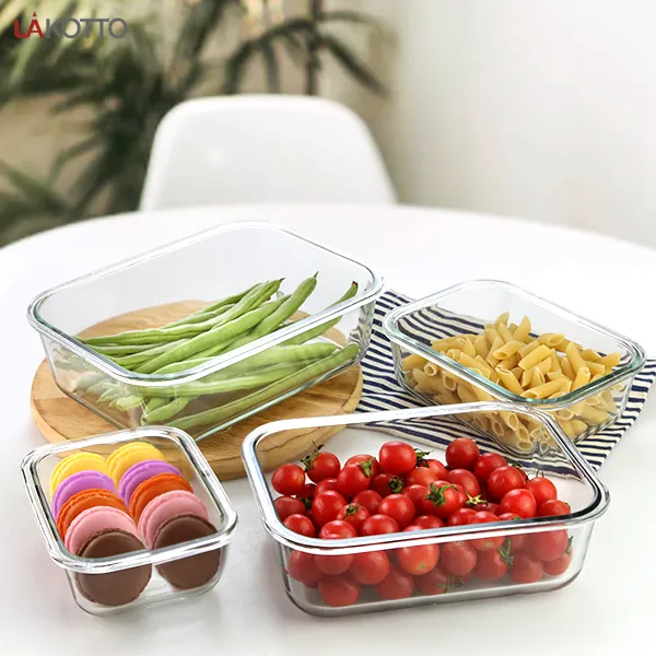 Produk Rumah Mangkuk Salad Kaca Borosilikat Tinggi 4 Buah Kotak Makan Siang Kaca Aman Oven Microwave