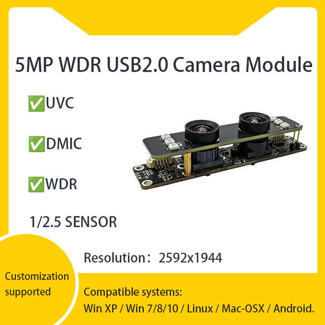 Mini 5MP 2592x1944 Resolution PS5520 Sensor Dual Lens Face Recognition Face Detection 3D Depth USB2.0 Binocular Camera Module