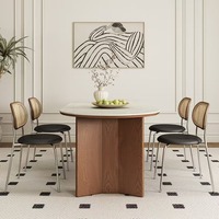 Mesa de Comedor Ovalada Moderna de Nogal con Piedra Sinterizada y Patas de Madera Sólida para Hogar o Restaurante