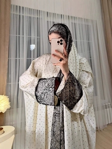 Abito Musulmano Elegante Fatto a Mano in Poliestere con Pois, Nuovo Modello Primavera 2026, Vestito Modesto con Bordo in Pizzo, Stile Ampio <span class=keywords><strong>Abaya</strong></span> per Donne - Product Image 1