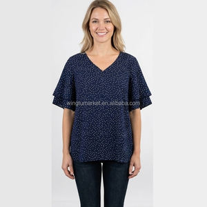 <span class=keywords><strong>Blusa</strong></span> de Moda para Mujer, Estilo Veraniego, <span class=keywords><strong>con</strong></span> Cuello en V, Manga Corta <span class=keywords><strong>con</strong></span> Estampado de Lunares <span class=keywords><strong>Azul</strong></span> <span class=keywords><strong>Marino</strong></span> y Volantes en Capas - Product Image 4