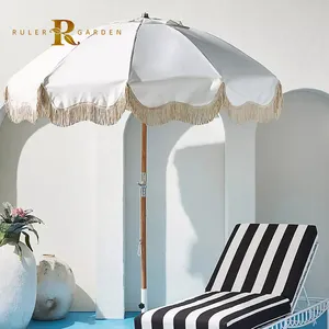 Logo Customized Garden Ground Waterproof Sun Protection Parasol Tropical Sand Anchor Stripe Fringe White Beach Umbrella Outdoor