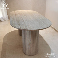 Table à manger ovale sur piétement à double rainure, placage travertin, mobilier de salle à manger minimaliste, commande en gros, personnalisable, ODM