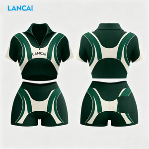 Ensemble 2 pièces côtelé pour femme : Haut polo semi-zippé et short cycliste taille haute – Tenue de sport respirante en coton écoresponsable - Product Image 2