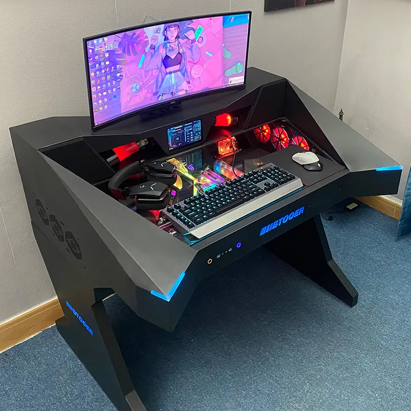 Mesa de escritorio con Panel lateral de vidrio templado para Gamer, mesa de PC con refrigeración por agua RGB y dos en uno para juegos de ordenador