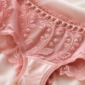 Ensemble de lingerie douce pour femme, motif muguet rose, soutien-gorge en dentelle rose et culotte taille haute avec bordure de perles, cadeau mignon pour le quotidien - Product Image 4