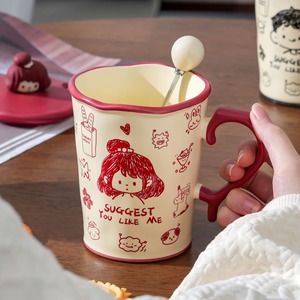 Ensemble de tasses en céramique de dessin animé avec couvercle et cuillère 480 ml résistantes à la chaleur, design couple, pour cadeau - Product Image 5