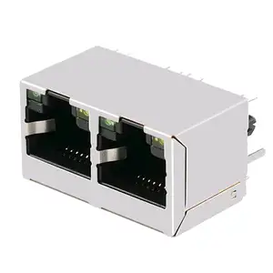 Network Female Interfaces Dual Ports LED Ethernet 1*2 PCB Mount RJ45 Splitter Connector With Gold Plating Pins