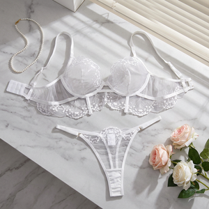 Conjunto de lencería bordada al por mayor, sexy, de malla transparente, con aros, sujetador y tanga, conjunto de ropa interior de encaje transparente para mujer, 2 piezas - Product Image 3