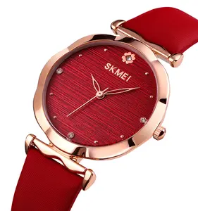 批发skmei女士时尚合金手表红色定制石英手表女士真皮手表