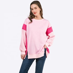 Suéteres personalizados de otoño para <span class=keywords><strong>mujer</strong></span>, sudadera para <span class=keywords><strong>mujer</strong></span>, suéter con mangas de retazos de pana y dobladillo dividido, venta al por mayor - Product Image 1