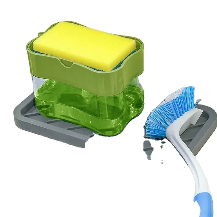Distributeur de savon de vaisselle multifonctionnel 2-en-1 de comptoir, plateau d'égouttage amovible pour recueillir le liquide