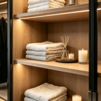 Armoire intégrée moderne de luxe en contreplaqué avec porte vitrée et éclairage LED, dressing sur mesure avec évier intégré et garantie de 5 ans