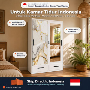 Modern Marble Printed 3 Door Sliding Steel <strong>Wardrobe</strong> <strong>with</strong> <strong>Mirror</strong> and Drawer Bedroom for Indonesia - Product Image 5