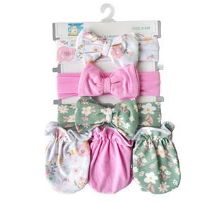 Bandeau et 3 mitaines pour bébé Vente en gros de haute qualité Nouveau avec nœud Né Sac d'opp en coton super doux Bande élastique Image imprimée - Product Image 1
