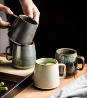 Service à thé et tasses à café en grès céramique, style vintage, avec glaçure réactive, plateau en bois – Article cadeau fantaisie à prix abordable
