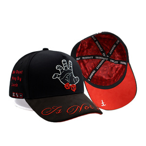 Casquette de baseball <span class=keywords><strong>snapback</strong></span> hip-hop en coton noir à 5 panneaux avec logo brodé 3D original personnalisé et visière en daim - Product Image 1