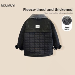 Veste d'hiver en denim patchwork pour garçons, veste chaude en molleton teinte en pièce, imprimée, version coréenne 2025, nouveauté - Product Image 4