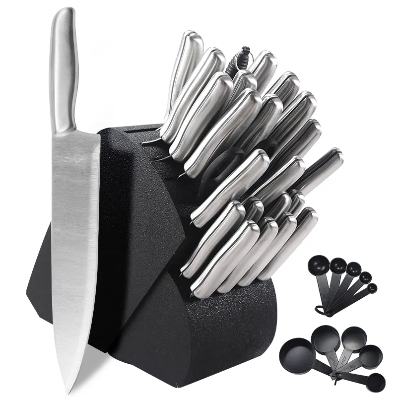 hot selling 34pcs Hollow Handle Chef stainless steel kitchen knife set with block and sharpener