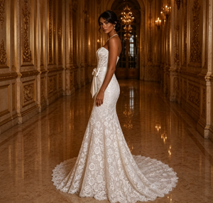 Robe de mariée sirène sexy S2253Y avec appliques en dentelle et dos illusion, coupe trompette, pour femmes rondes, nouvelle collection 2026 - Product Image 2