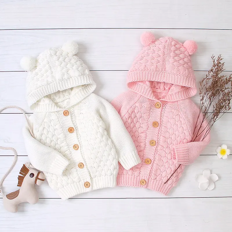 Mantel Sweter Rajut Bayi, Jaket Kardigan Rajut dengan Tudung untuk Bayi