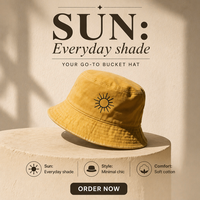 Cappello da pescatore unisex pieghevole in morbido cotone lavato giallo senape, personalizzato con ricamo minimalista a forma di sole, ampio protezione UV